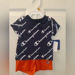 2pc Champion navy blue top and orange jersey shorts for boys/ Size: 0-3 months